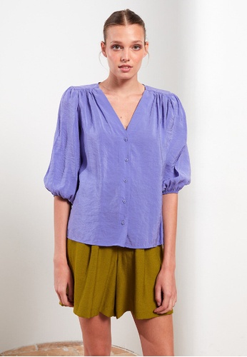 LC WAIKIKI purple V Neck Plain Tencel Women's Shirt 0D982AA2D71327GS_1