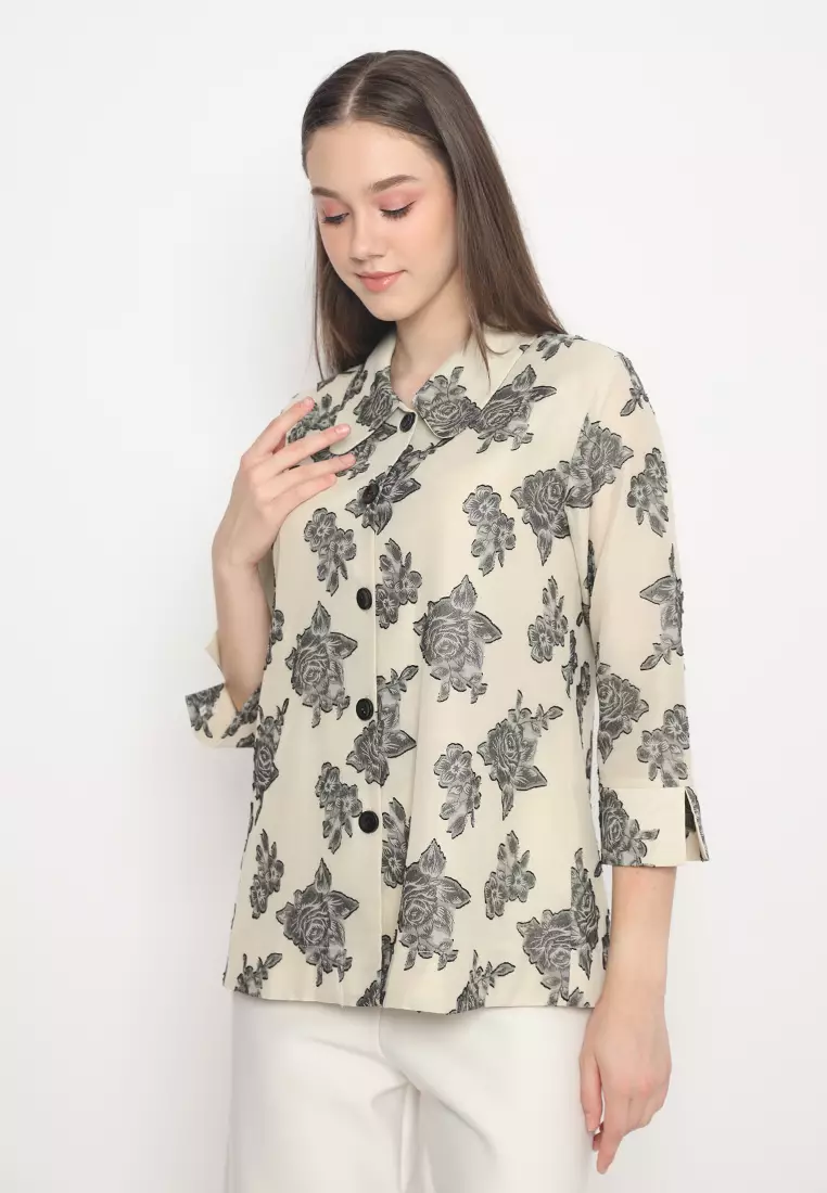 Shirt With Rose Pattern Green And Cream By Brilliant Girl Warna Cream