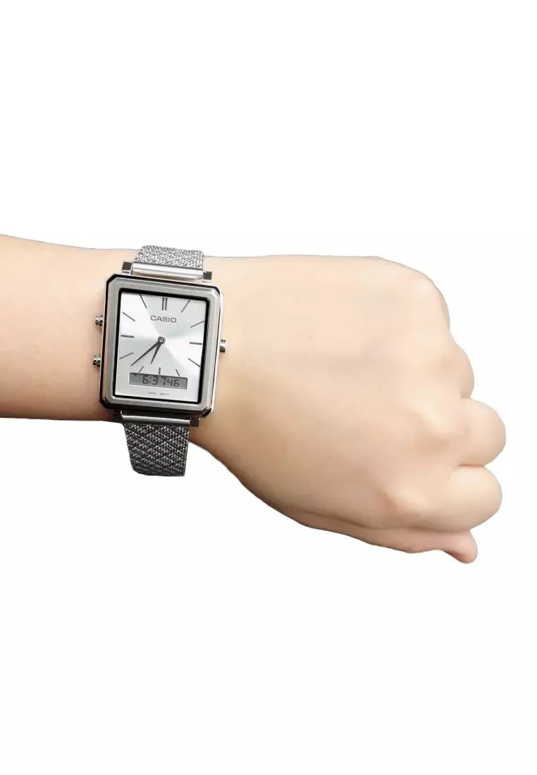 Men's Analog-Digital Watch MTP-B205M-7E Silver Stainless Steel Mesh Band Watch for men