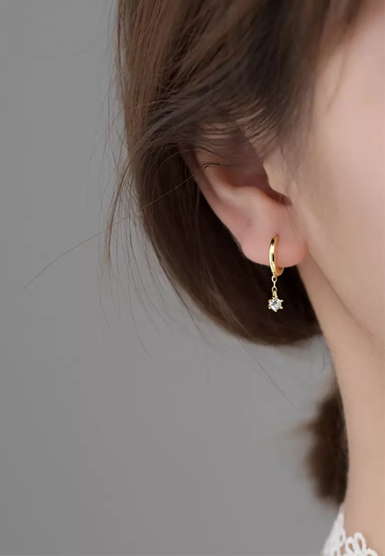 925 Silver Plated Gold Zircon Hoop Drop Earrings JW AR-G5925