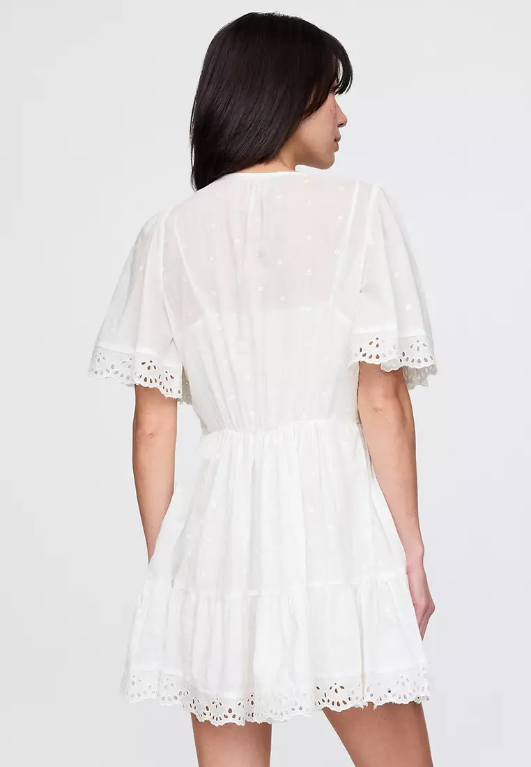 Flutter-Sleeves Eyelet Mini Dress