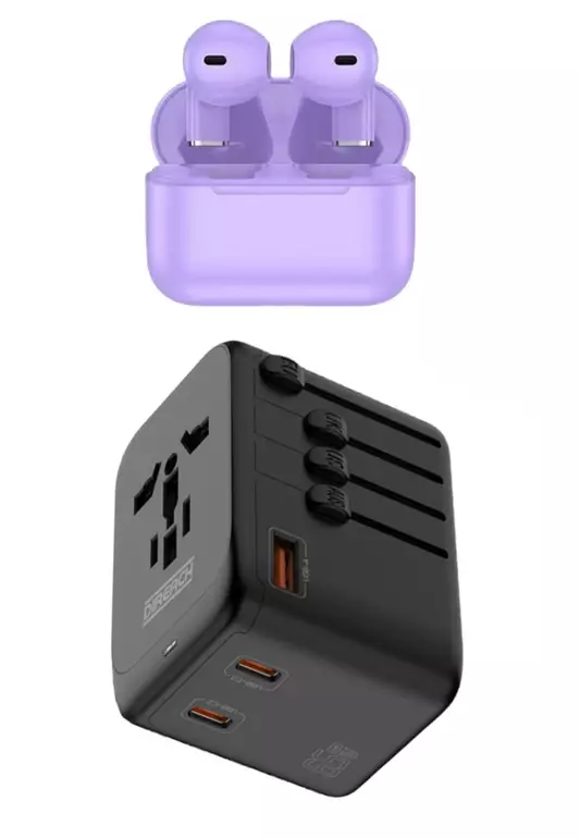Value Deal - X EGLANTINE® - DIREACH 4 Port 65W GaN World Travel Adapter + EGLANTINE 5s PRO MINI TWS Wireless Earphones - Purple