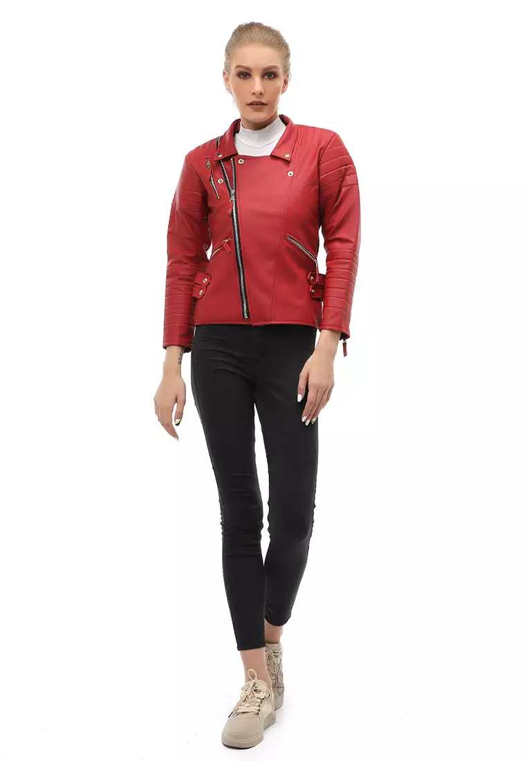 Glenice Jacket Outer Wanita Lengan Panjang Windproof Zipper Pocket Material Leather ORIGINAL