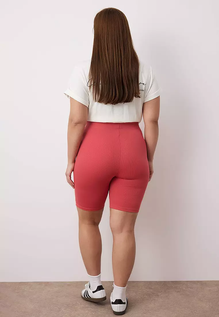 Anthracite-Dry Rose High Waist 2-Pack Biker Ribbed Knit Plus Size Leggings Tbbss24Bv00000