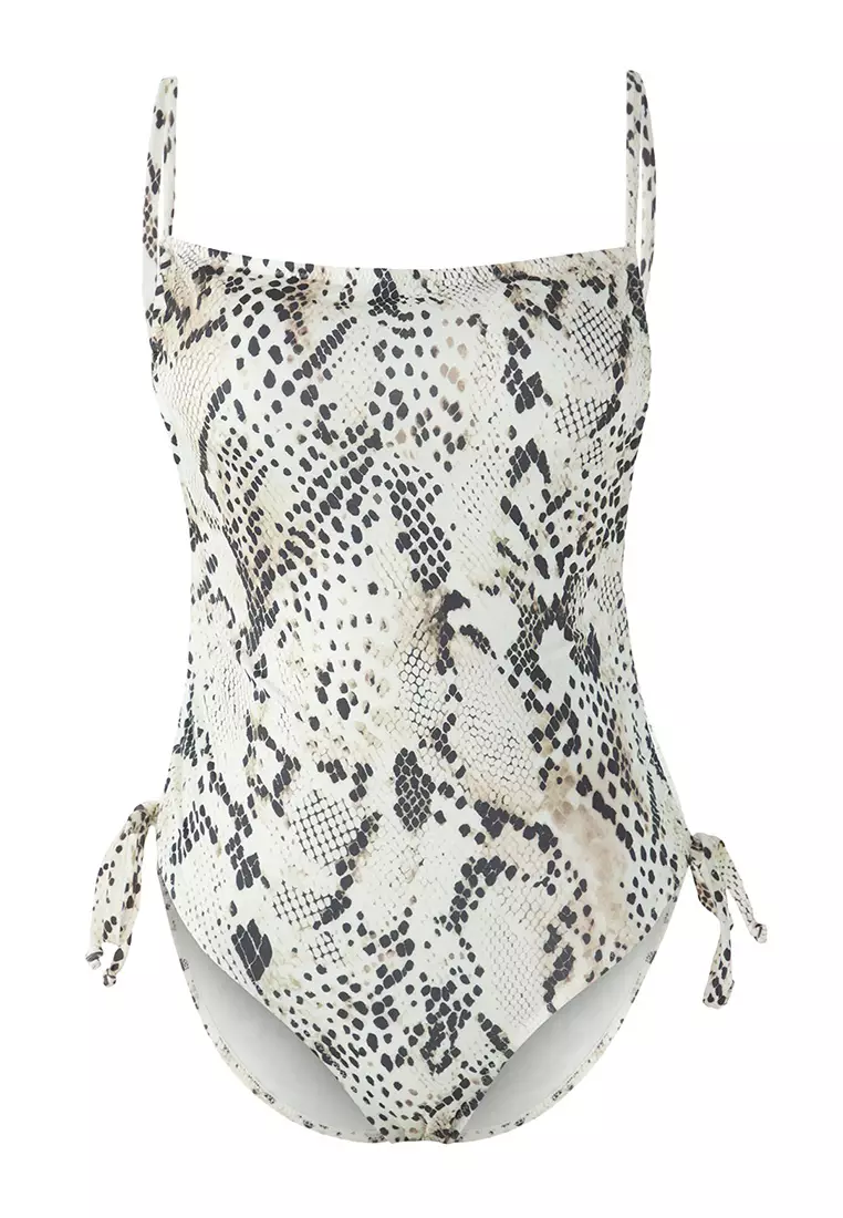 Snake Pattern Square Collar with Gathered Detail Strappy Brazilian Swimsuit TBESS25MA00066
