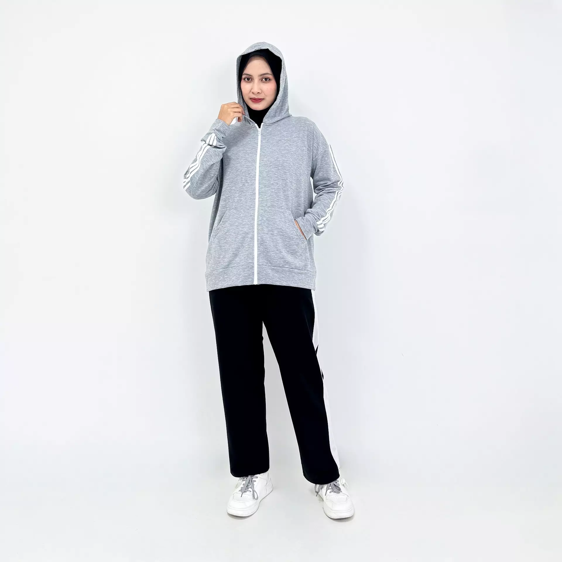 Set Training Mandasya | Setelan Jaket Olahraga Panjang ABU - HITAM