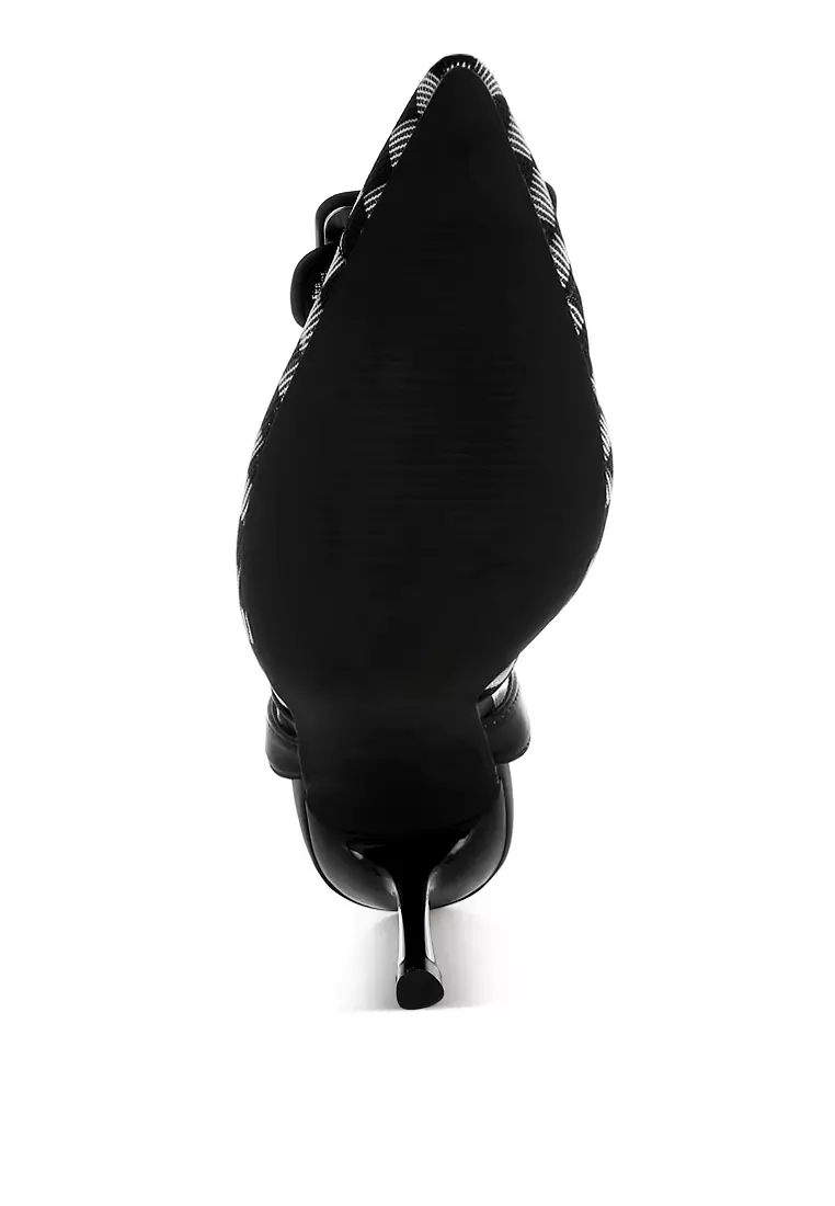 Sepatu hak stiletto runcing motif kotak-kotak warna hitam