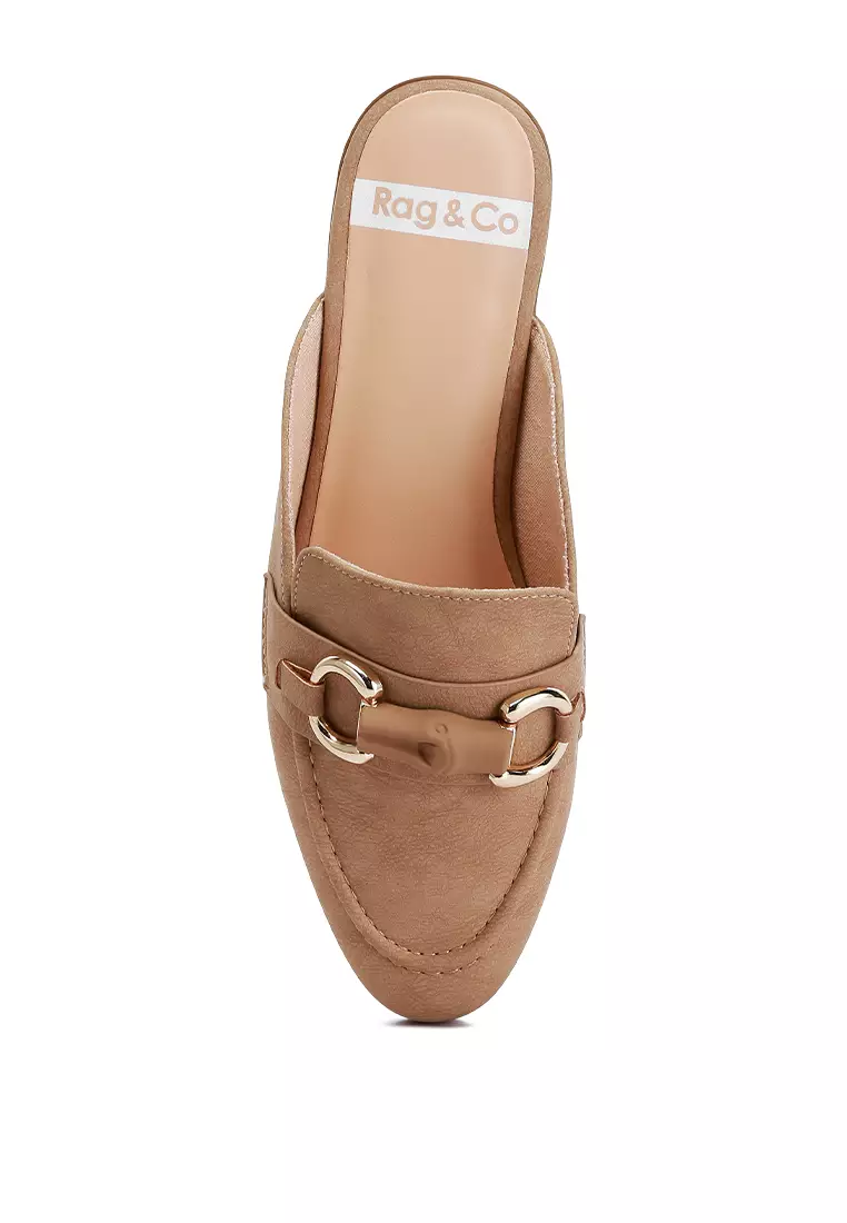 灰褐色馬銜扣裝飾一腳蹬穆勒鞋