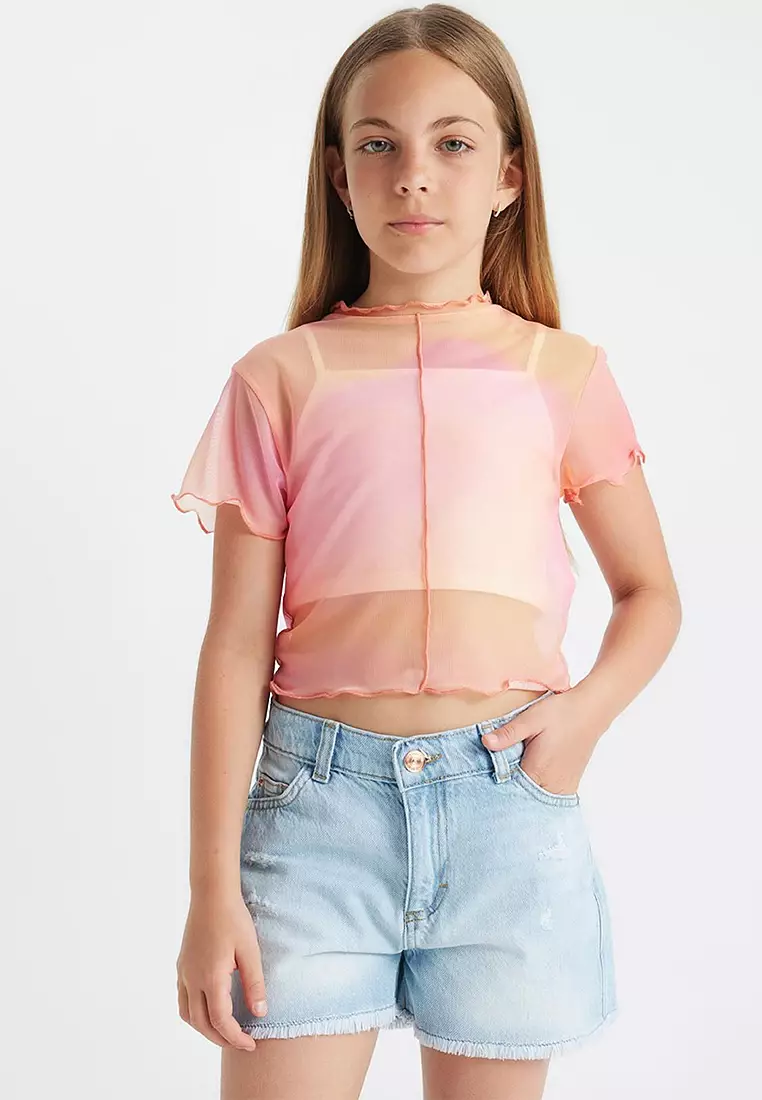 Crop Crew Neck Gradient Printed Tulle Short Sleeve T-Shirt Undershirt 2-Piece Set