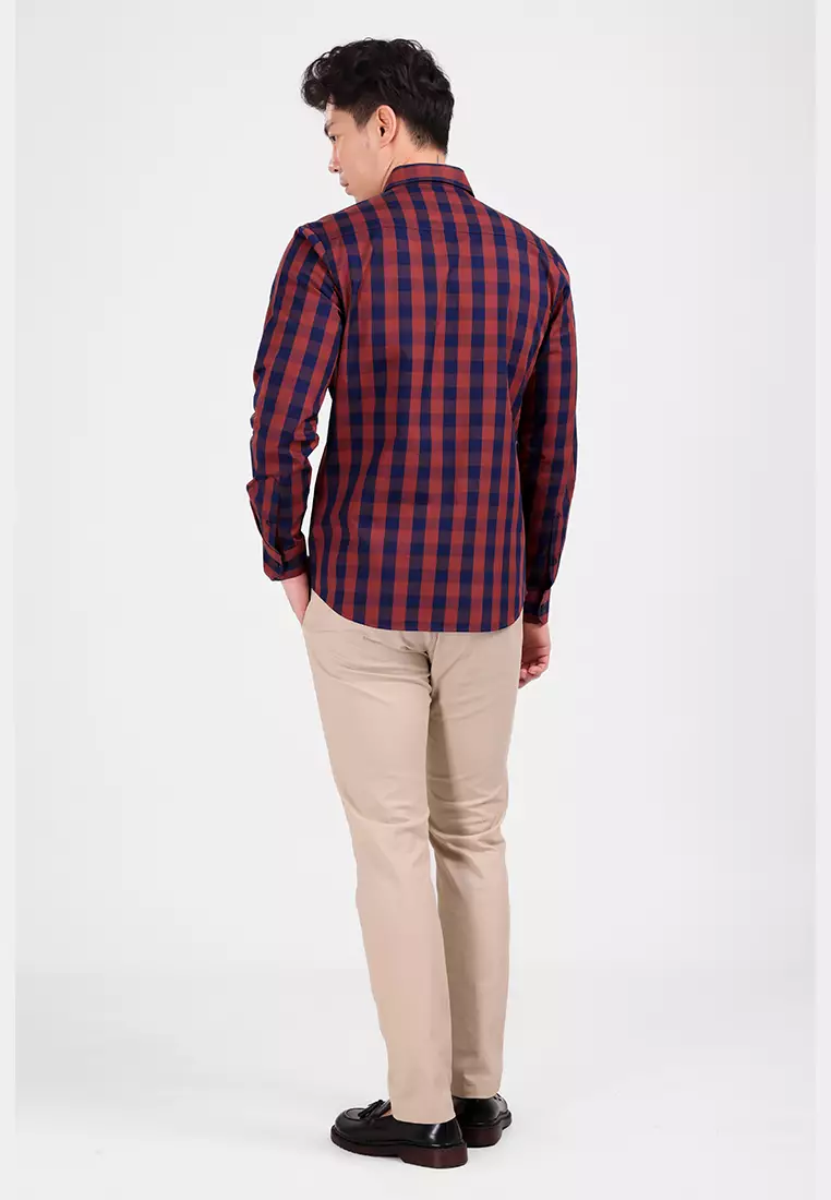 MANZONE - Kemeja Lengan Panjang Pria Austin Slim Fit - Maroon Warna Maroon