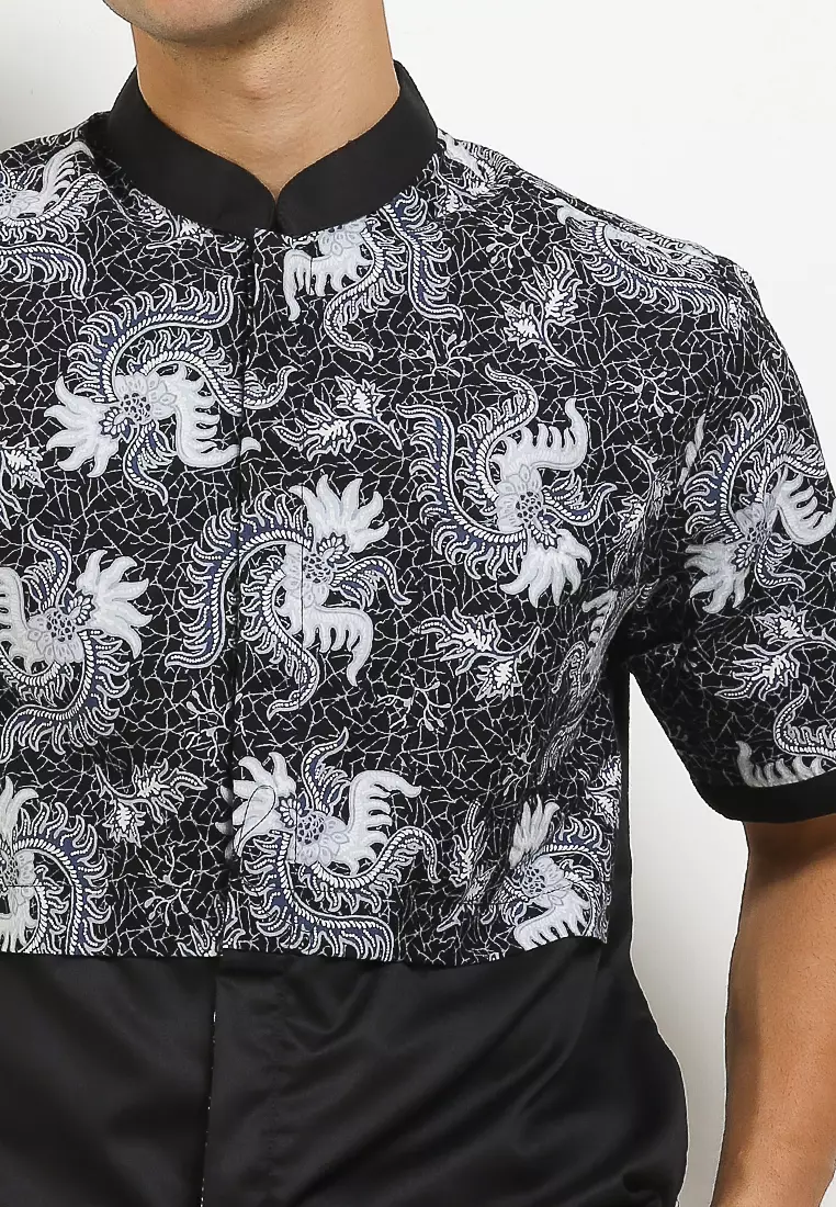 Hem Kemeja Batik Pria Lengan Pendek Koko Shanghai Katun Premium Faiz Black