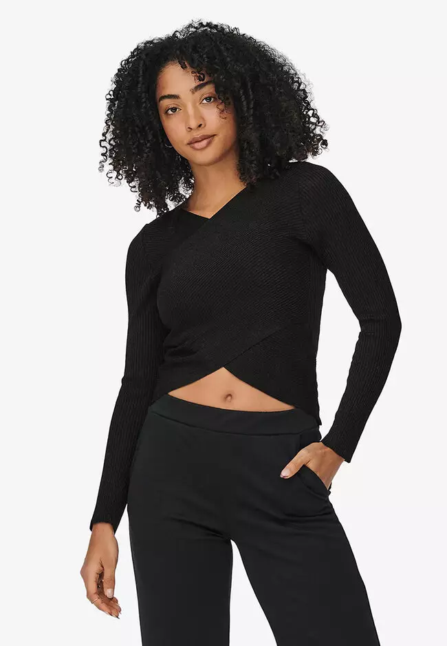 ONLY Black Ribbed Long Sleeve Crop Top