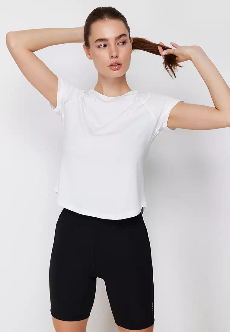 White Reflector Print Detailed Knitted Sports T-Shirt THMSS24TS00002