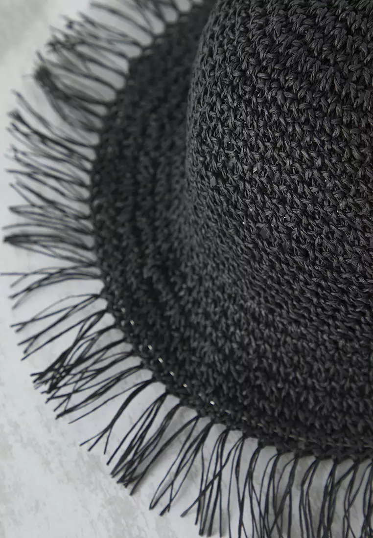 Black Tasseled Straw Women's Hat TBESS25SP00000
