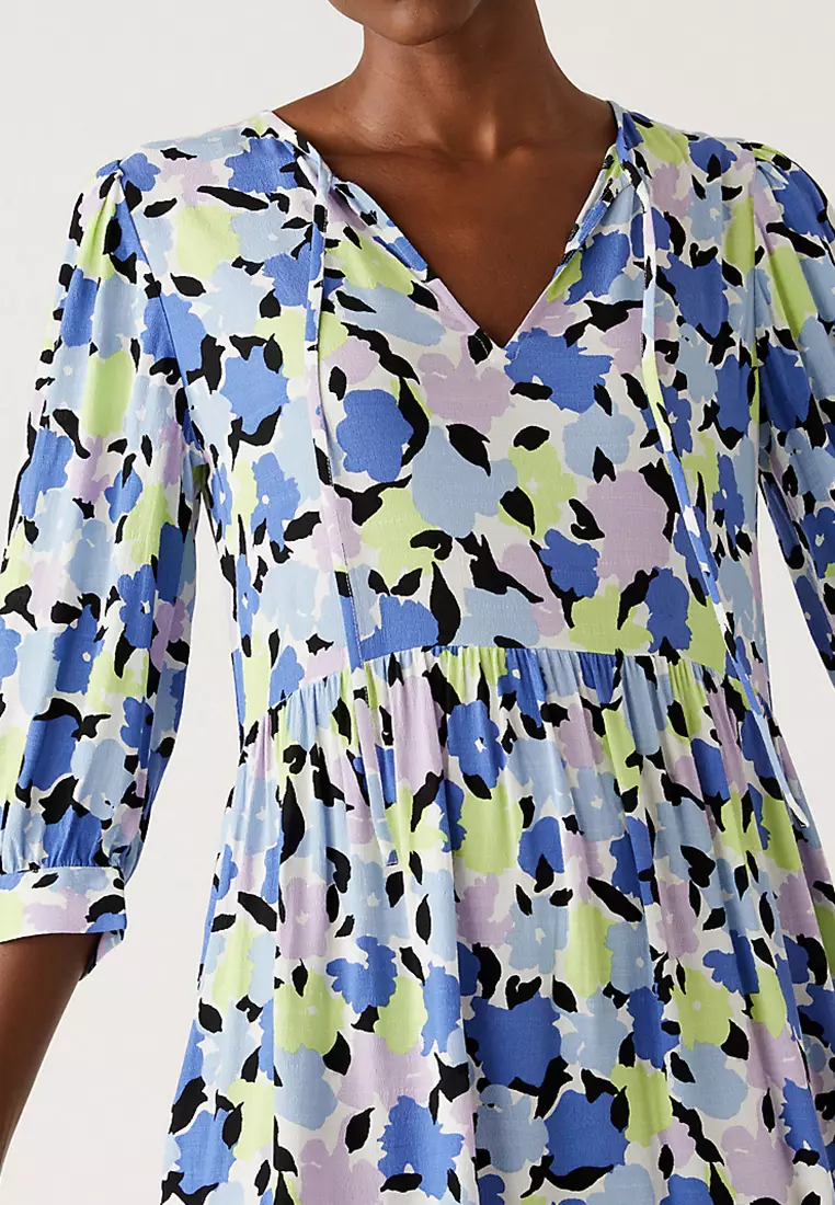 Printed Tie Neck Puff Sleeve Midi Dress