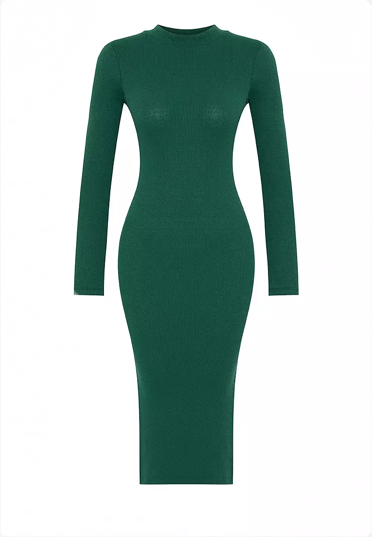 Fitted Slit Knit Midi Dress
