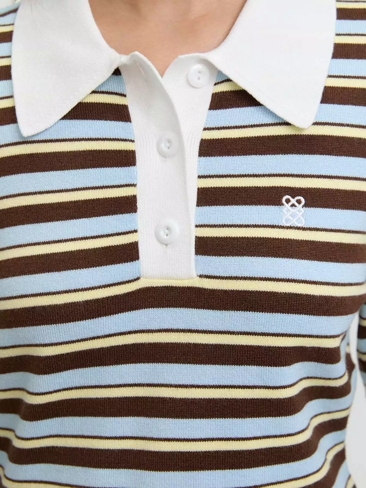 Pomelo - Top Wanita - Long Sleeve Striped Polo Crop Top - Brown