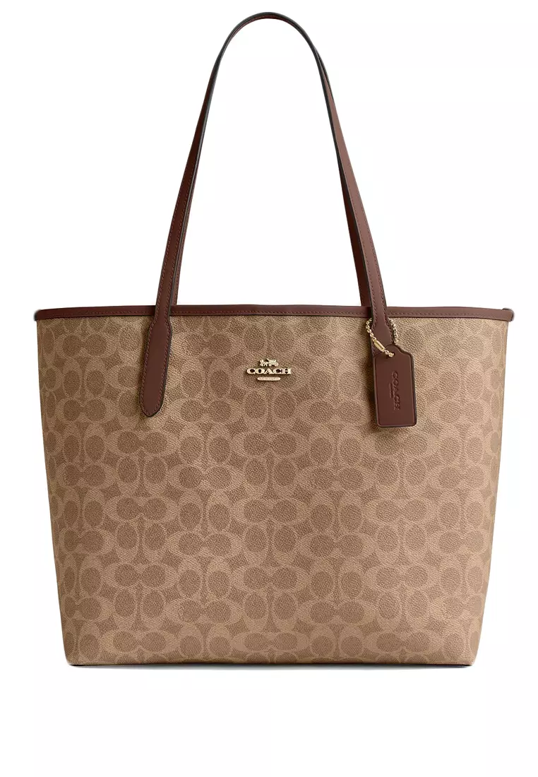 Leather Tote Coach Cloth Bag Gold/Sand/Chalk City Tote Bag In