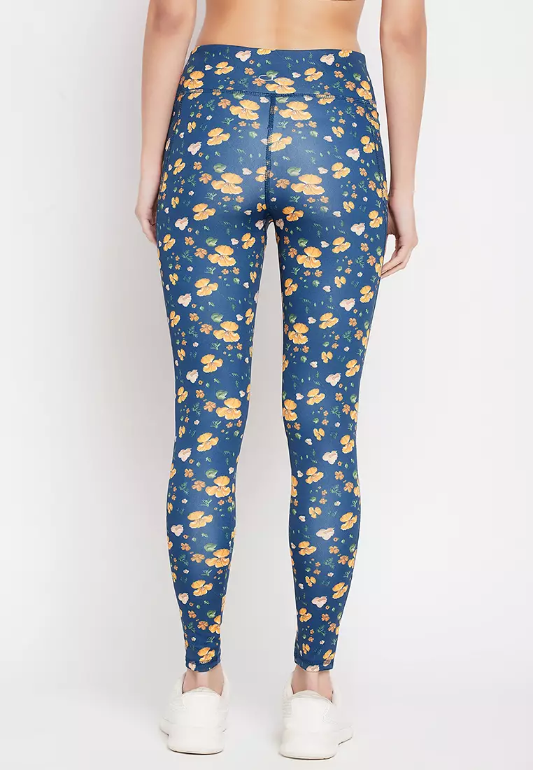 Clovia High-Rise Floral Print Active Tights in Navy with Side Pocket