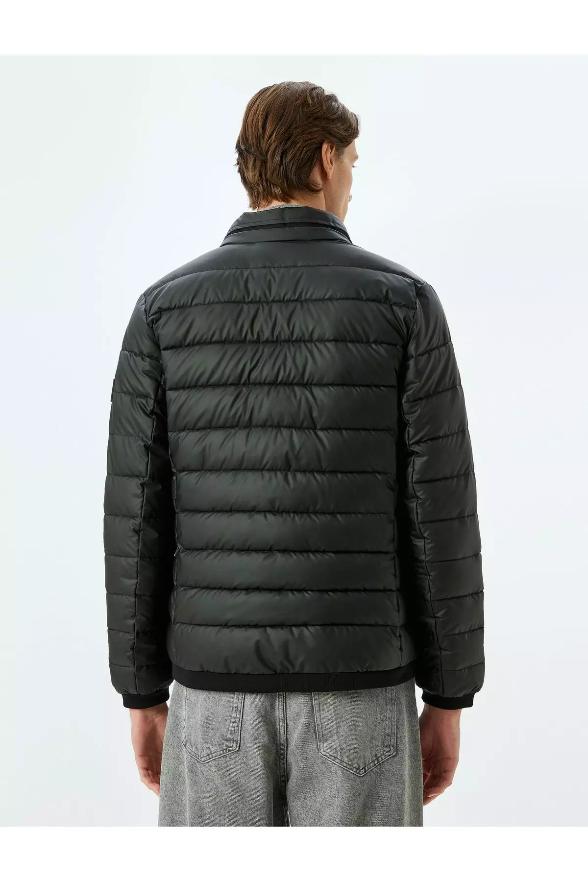 Latex Fabric Slim Fit Puffer Jacket With Stand Collar Label Detail