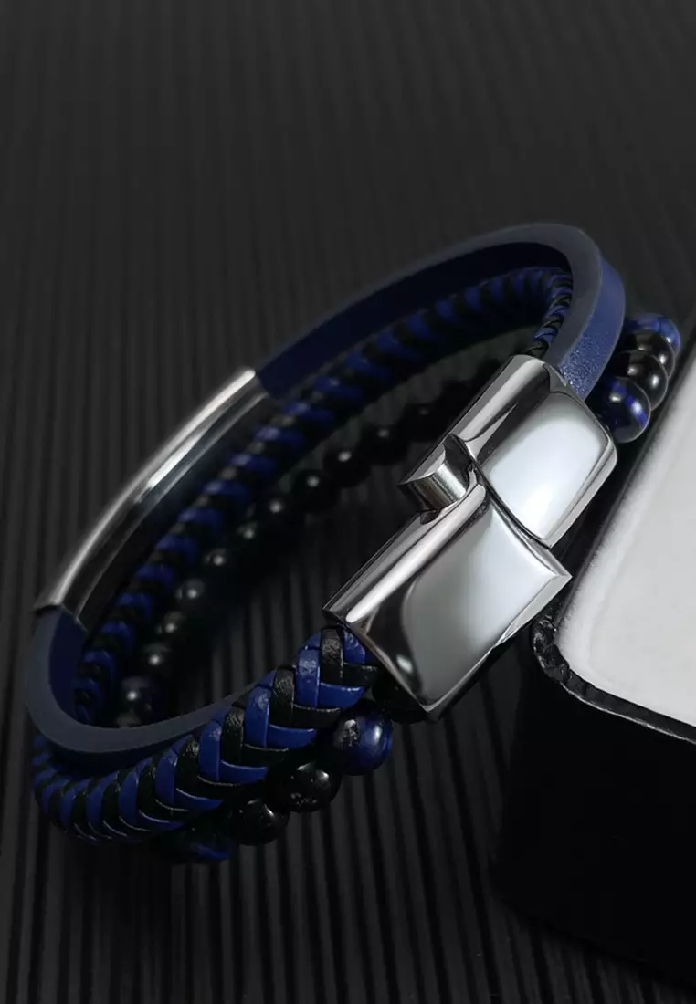 Men's Blue Leather and Bead Bracelet