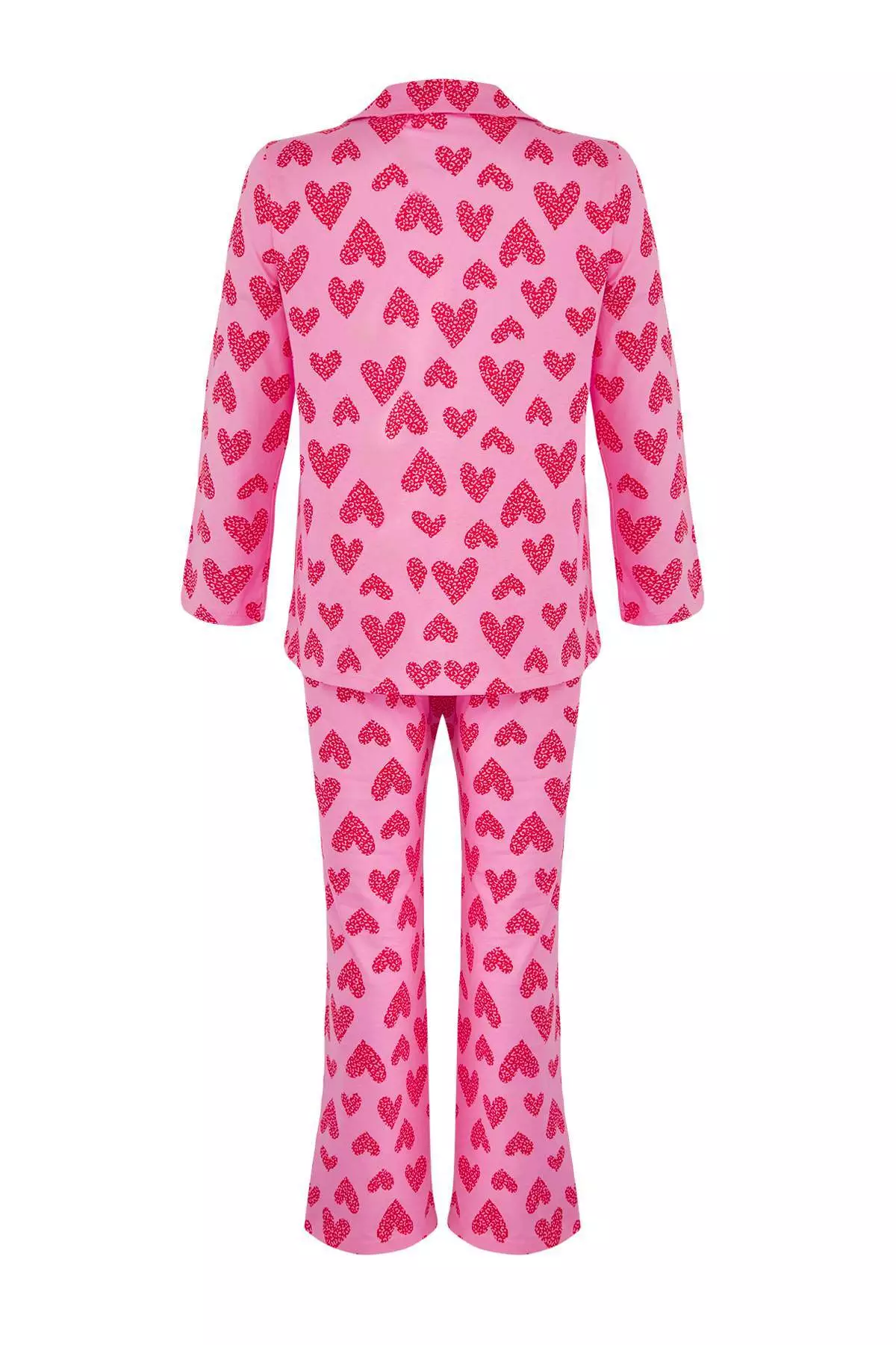 Pink 100% Cotton Heart & Leopard Patterned Shirt-Pants Knitted Pajama Set Tbbaw26Ai00017