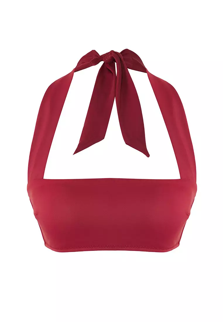 Burgundy Square Neck Halter Neck Bikini Top TBESS25BU00054
