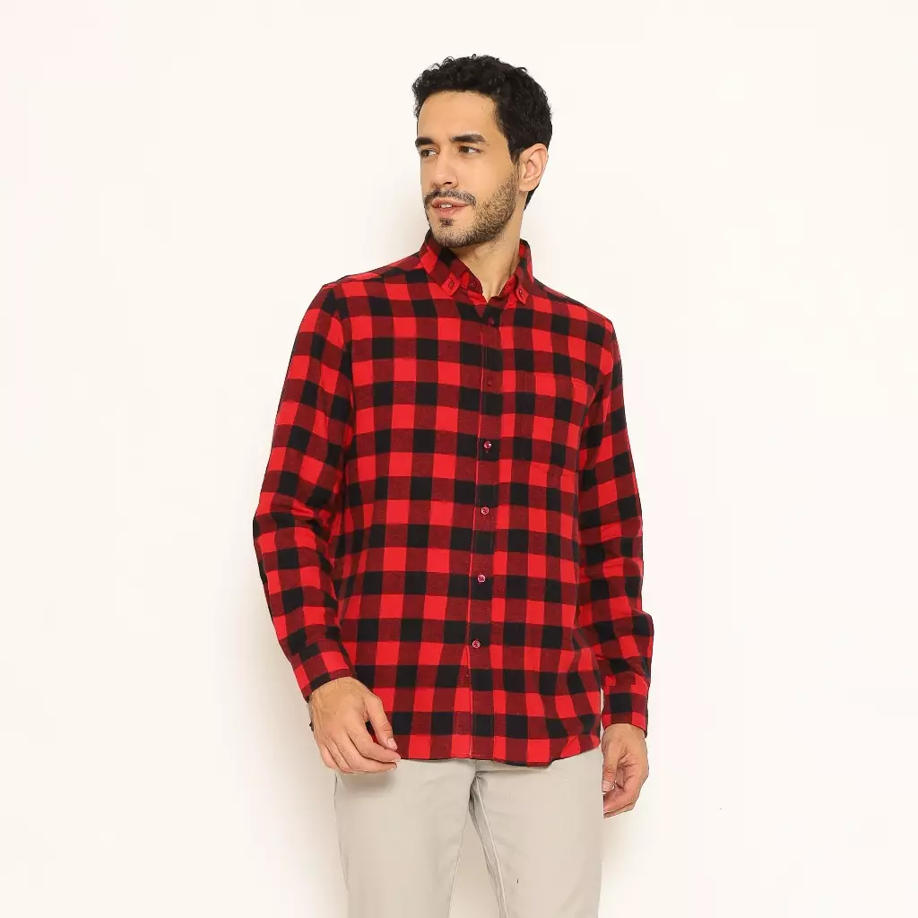 Schoeller Kemeja Flannel Pria Lengan Panjang Reguler Fit Kotak-Kotak Warna Red – Nyaman & Stylish