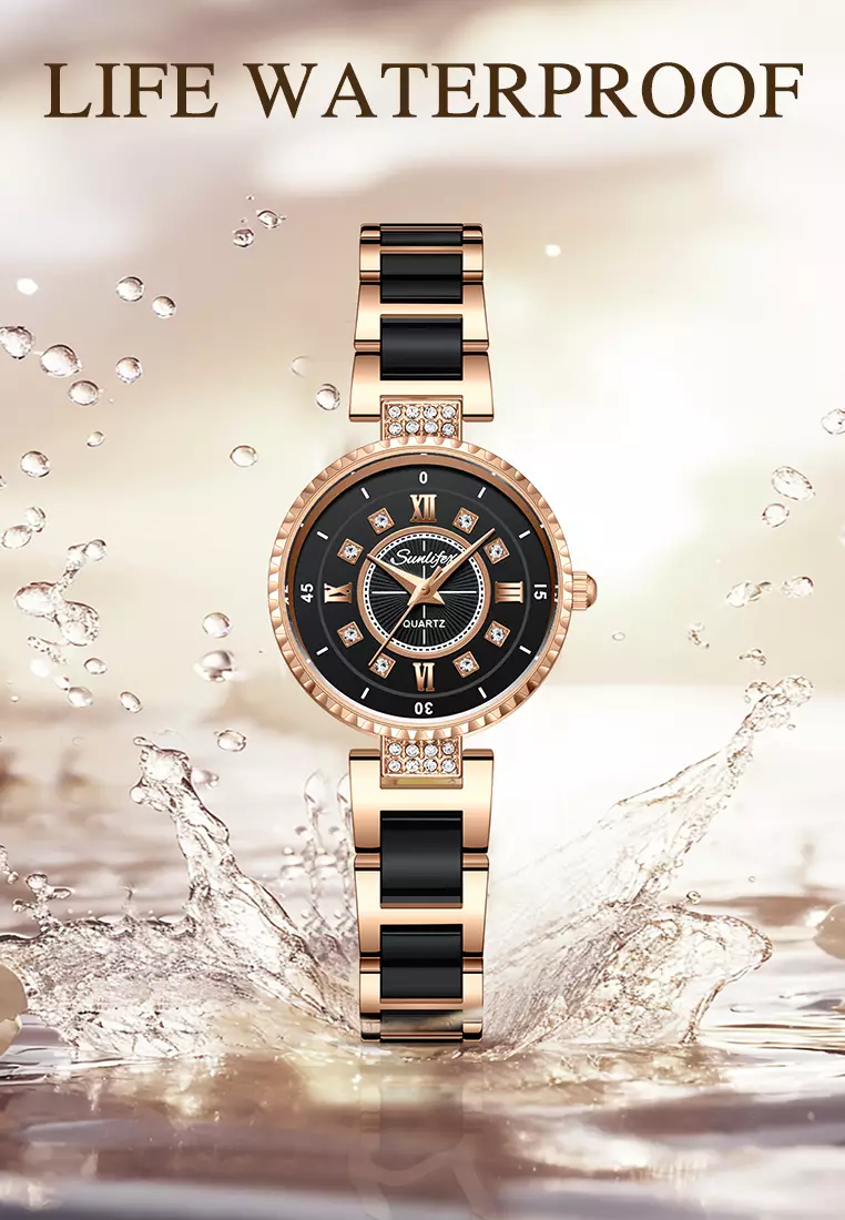 Jam Tangan Wanita Original 8013 Korea Santai Berlian Anti Air Tali keramik Jam Tangan Cewek roseblack