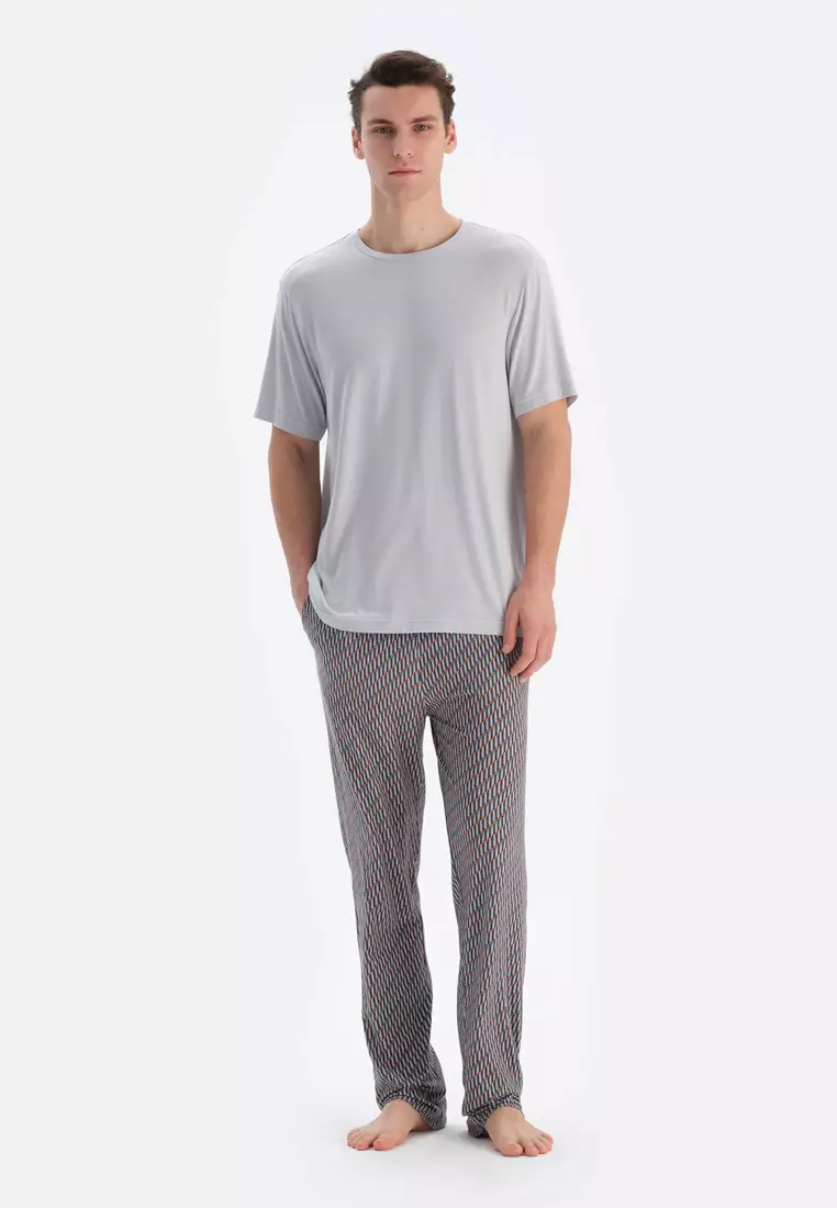 Ice Blue T-Shirt & Trousers Knitwear Set, Crew Neck, Regular, Long Leg, Short Sleeve Sleepwear for Men