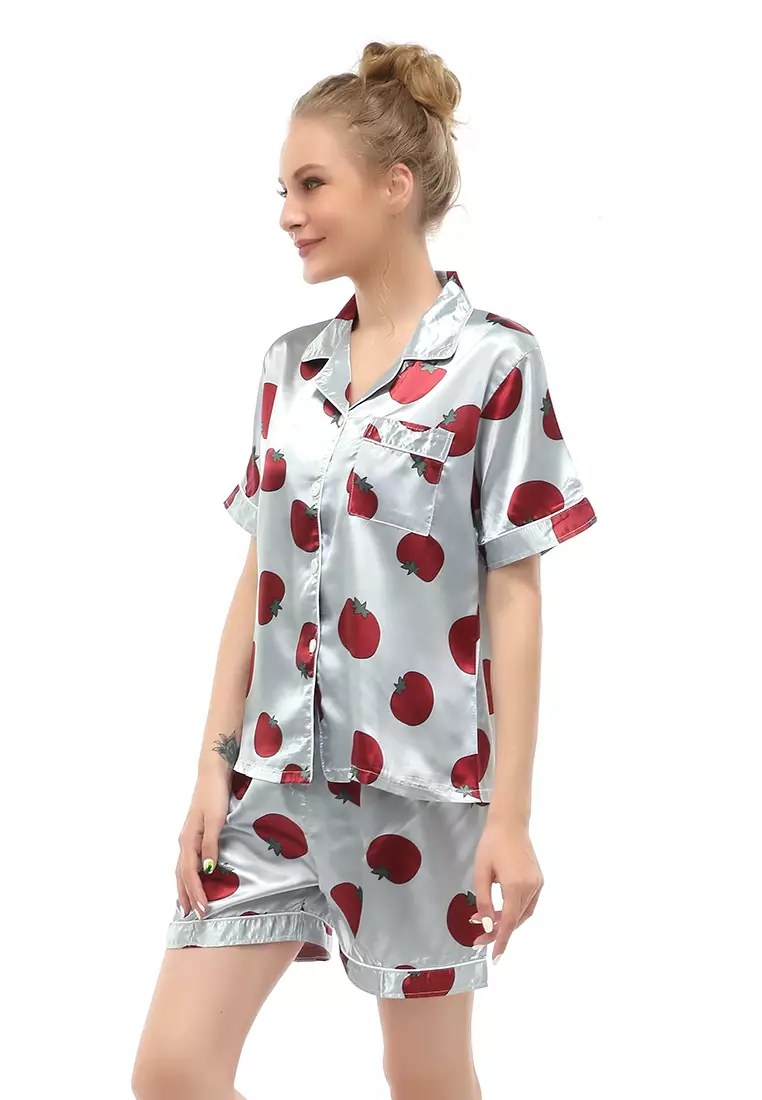 Vance Setelan Baju Tidur Wanita Lengan Pendek Motif Tomat Material Satin ORIGINAL - Blue