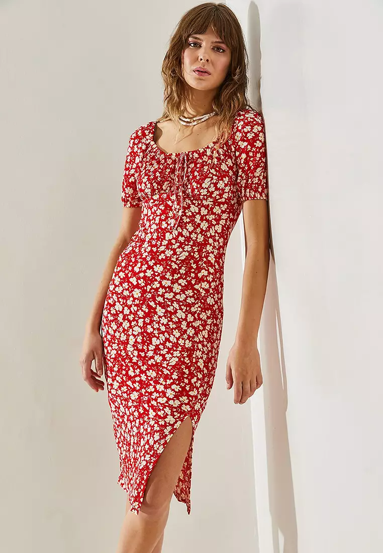 Women's Tie-Front Watermelon Sleeve Daisy Patterned Slit Detailed Dress 60251371