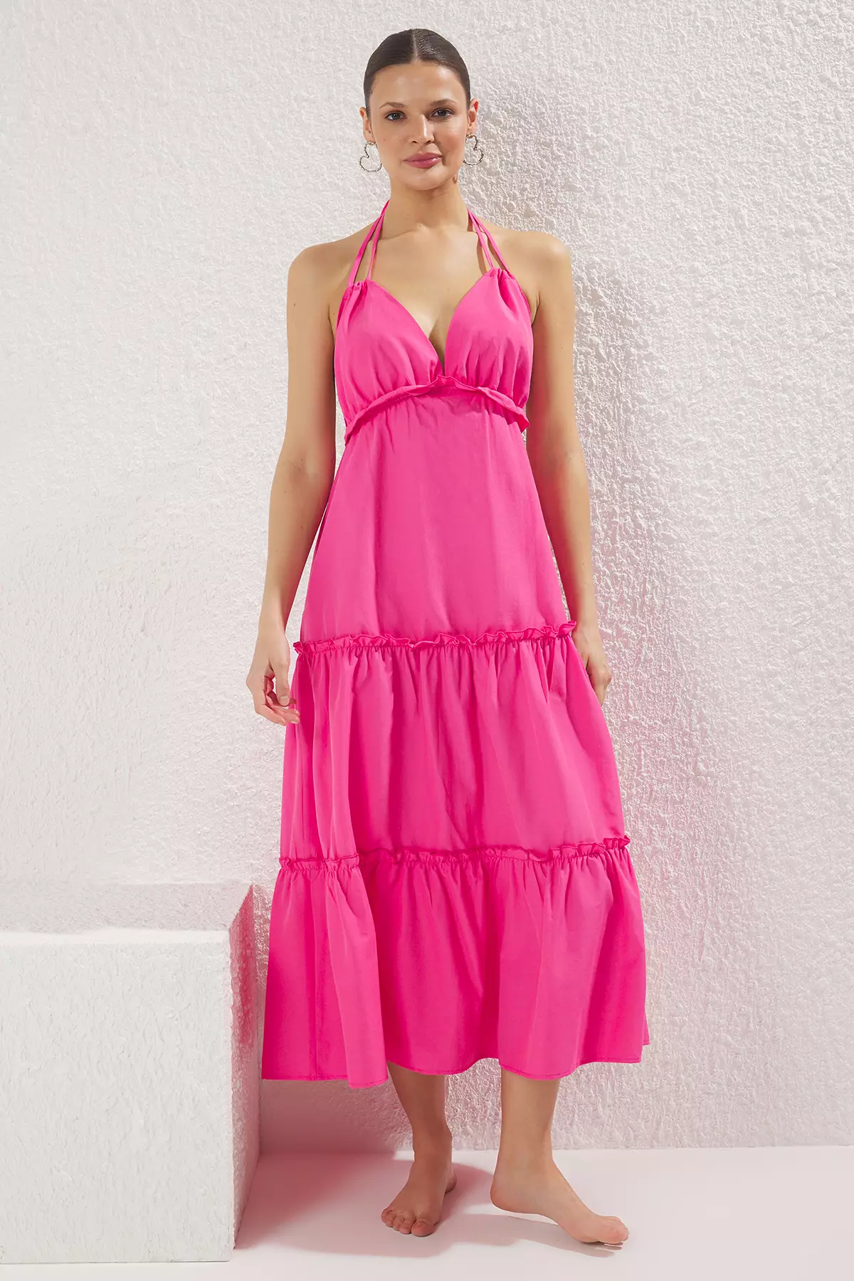 Pink Striped Maxi Woven Ruffle Beach Dress