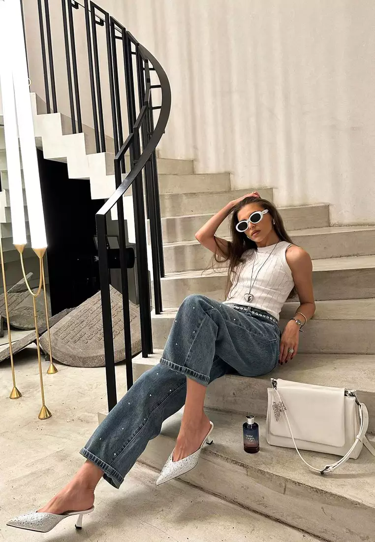 White satin mules on sale
