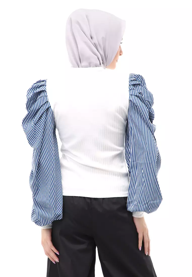 Kartika Blouse Muslimah Atasan Wanita Long Sleeve Motif Strip Regular Fit - Putih