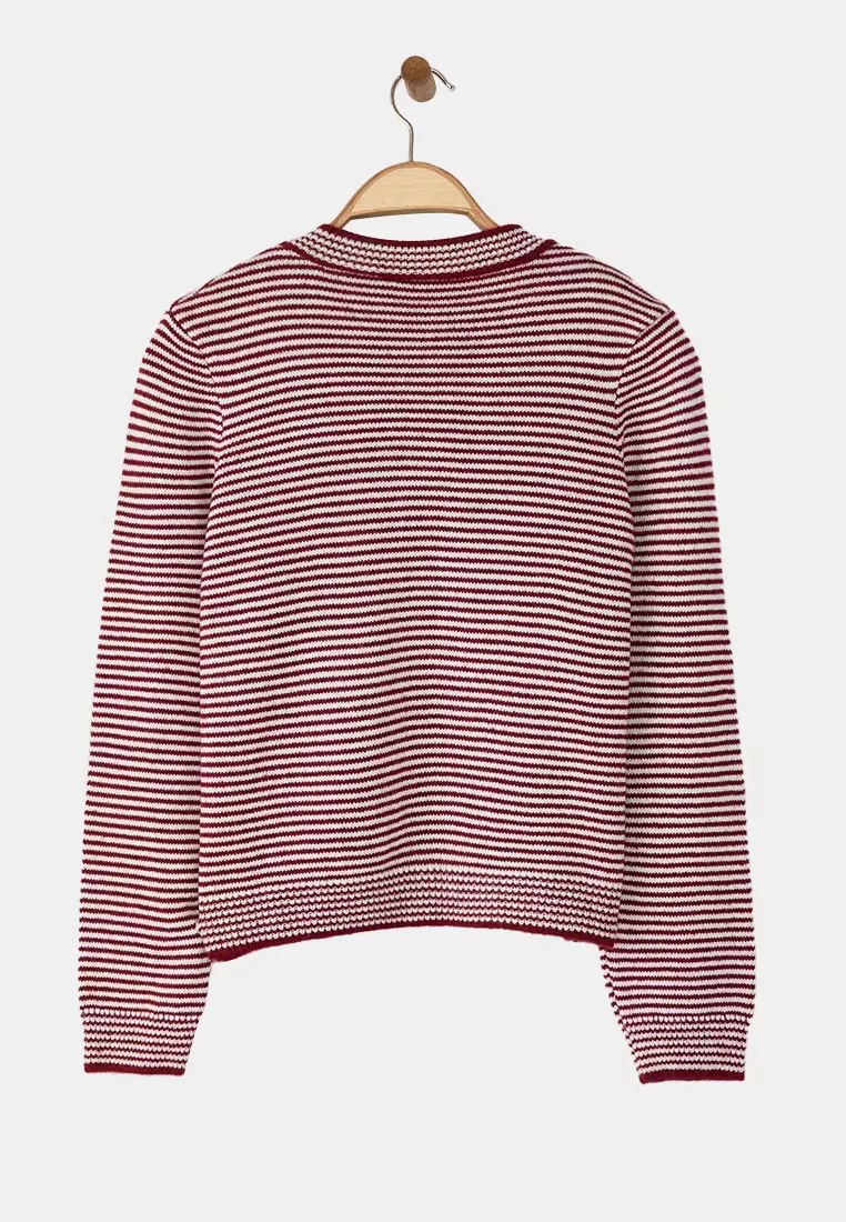 Burgundy Soft Textured Striped Knitwear Cardigan
