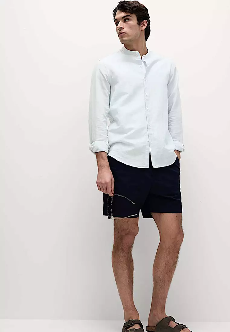 Cotton Linen Blend Grandad Collar Shirt