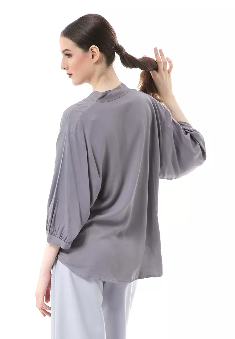 Ghita Kemeja Atasan Wanita Motif Polos Long Sleeve High Quality - Abu Tua