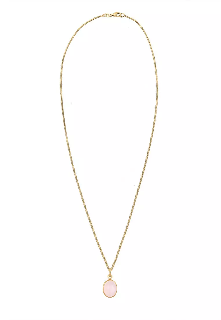 Kalung Perhiasan Perak 925 Wanita Oval Minimalist Trend Basic Rose Quartz Gold Plated