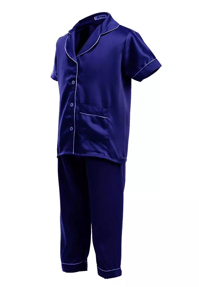 Joyce Piyama Anak Unisex Lengan Pendek Kids Pajamas Motif Polos Material Satin ORIGINAL - Navy