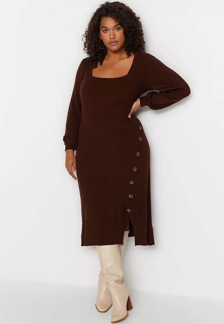 Jual Trendyol Plus Size Sweater Dress With Buttons Detail Original