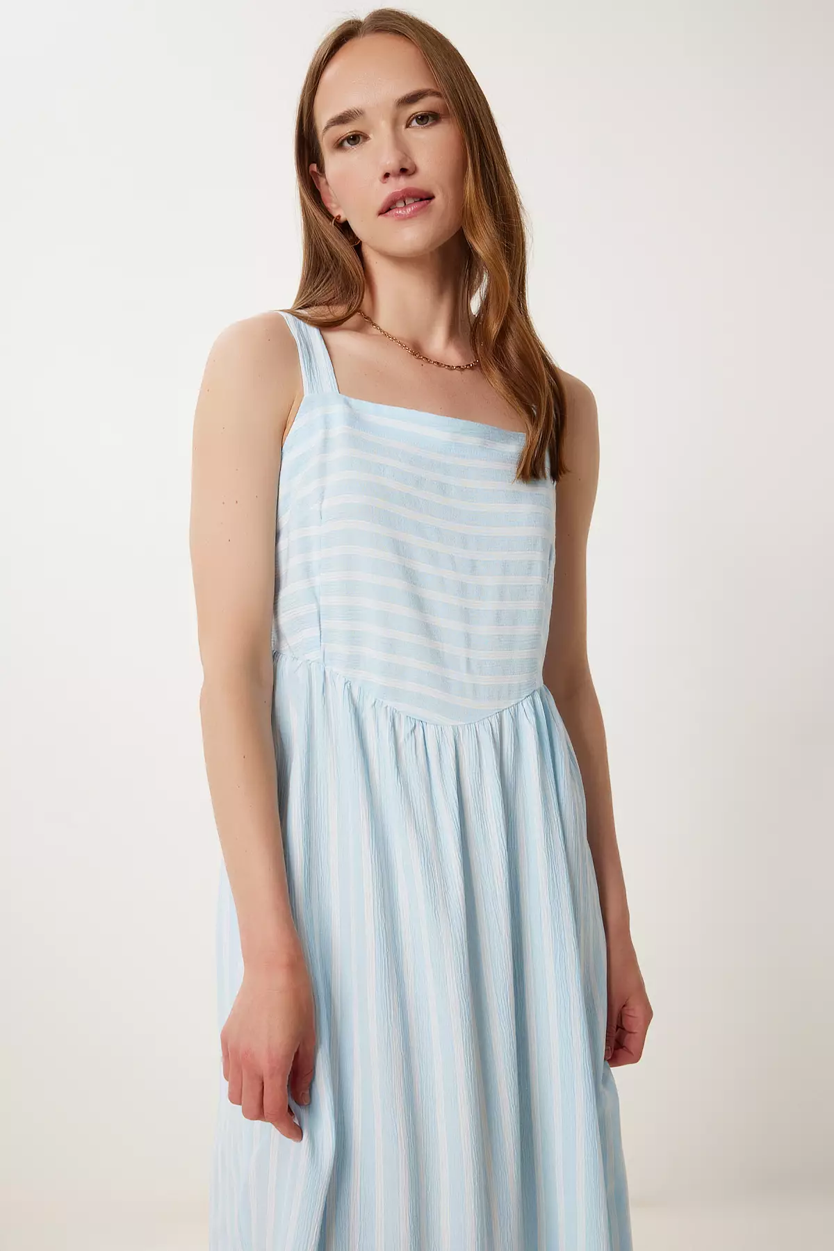 Women's Sky Blue Strap Striped Summer Crinkle Dress Tp00054
