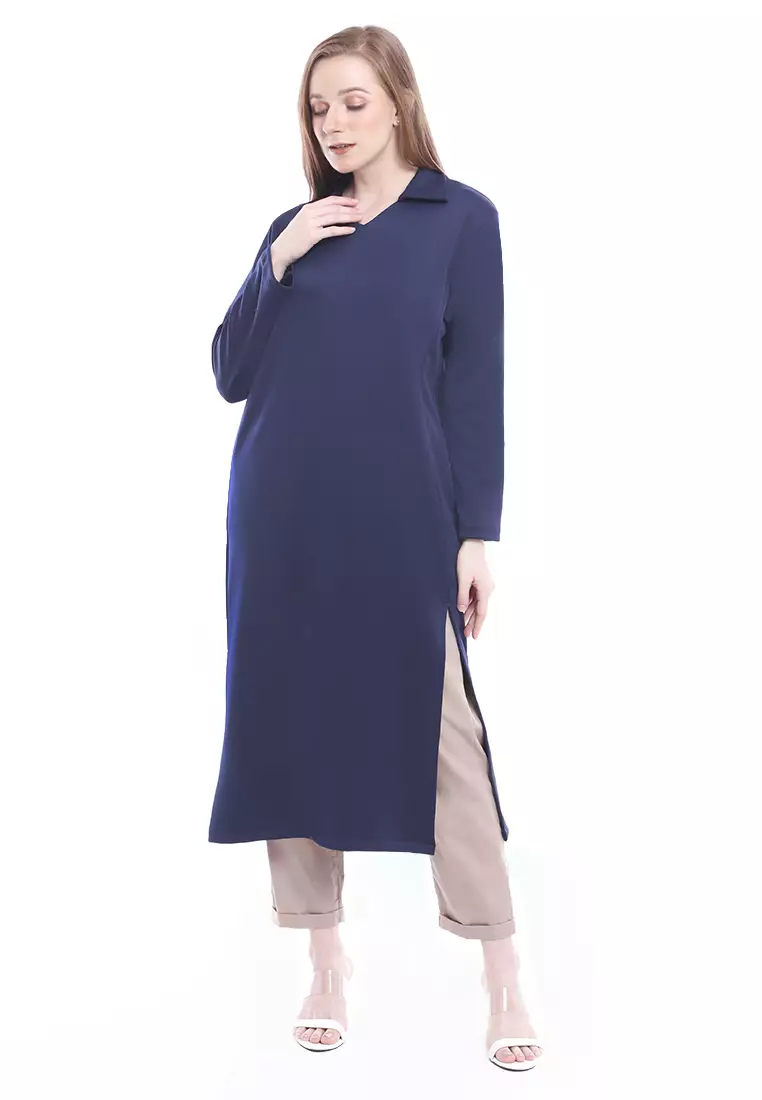 Ghea Tunik Aksen Slit Long Sleeves Basic Baju Wanita Relaxed Fit - Navy