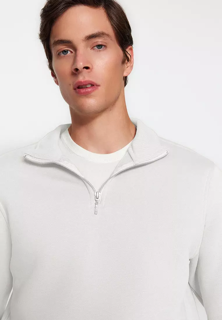 Ecru Regular/Normal Cut Stand Collar Zippered Inside Polar Fleece/Warm Basic Sweatshirt TMNAW24SW00041