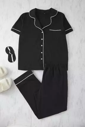 Shirt Neck Black Knitted Pajamas Set - Piping Detail Tbbaw24Ai00040