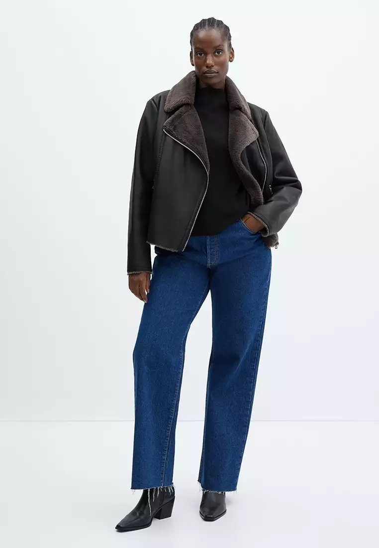 faux shearling lined biker jacket mango