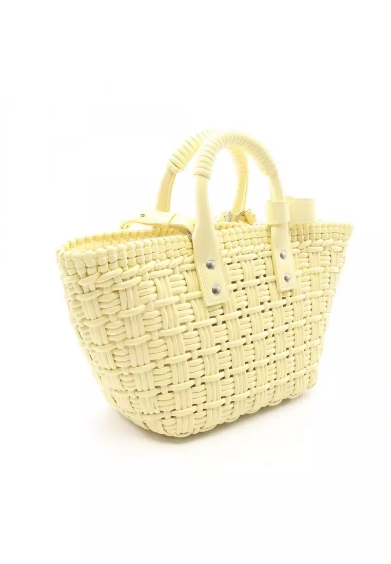 Pre-Loved BALENCIAGA BISTRO XS bistro basket bag 2WAY Handbag tote bag enamel Light yellow