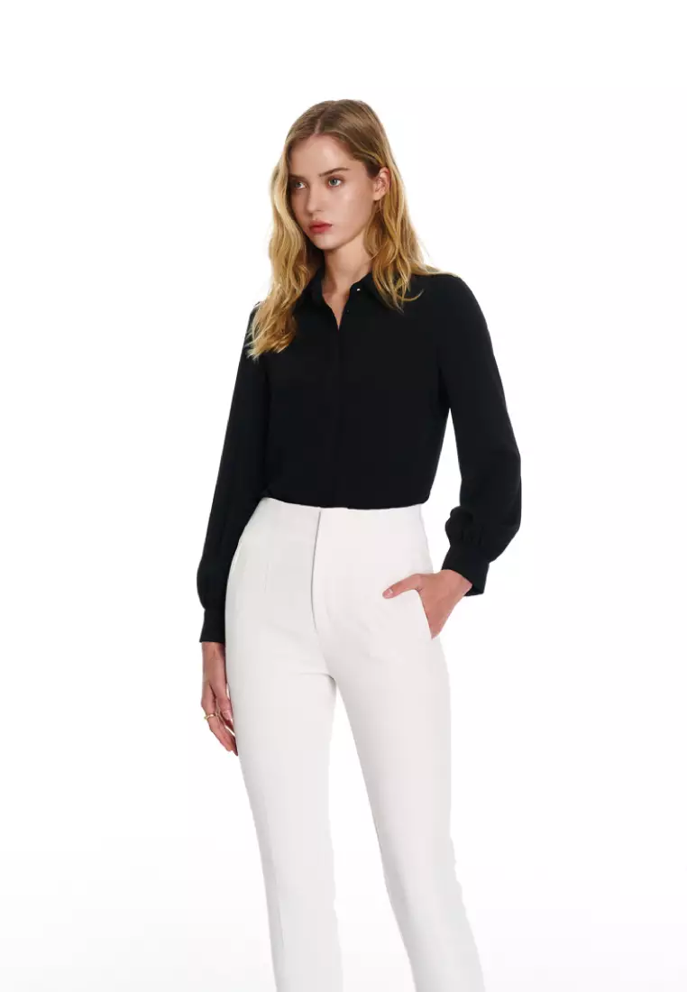 Black Pleated Cuffs Long Sleeve Top