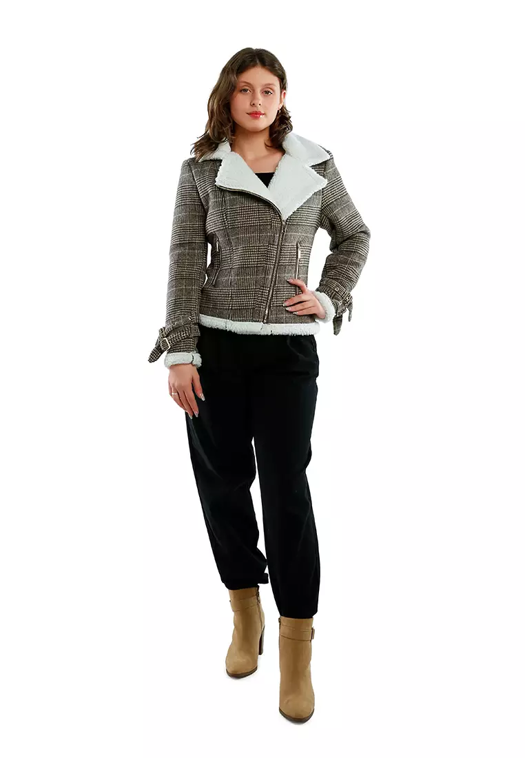 Brown Checkered Shearling Collar Winter Jacket