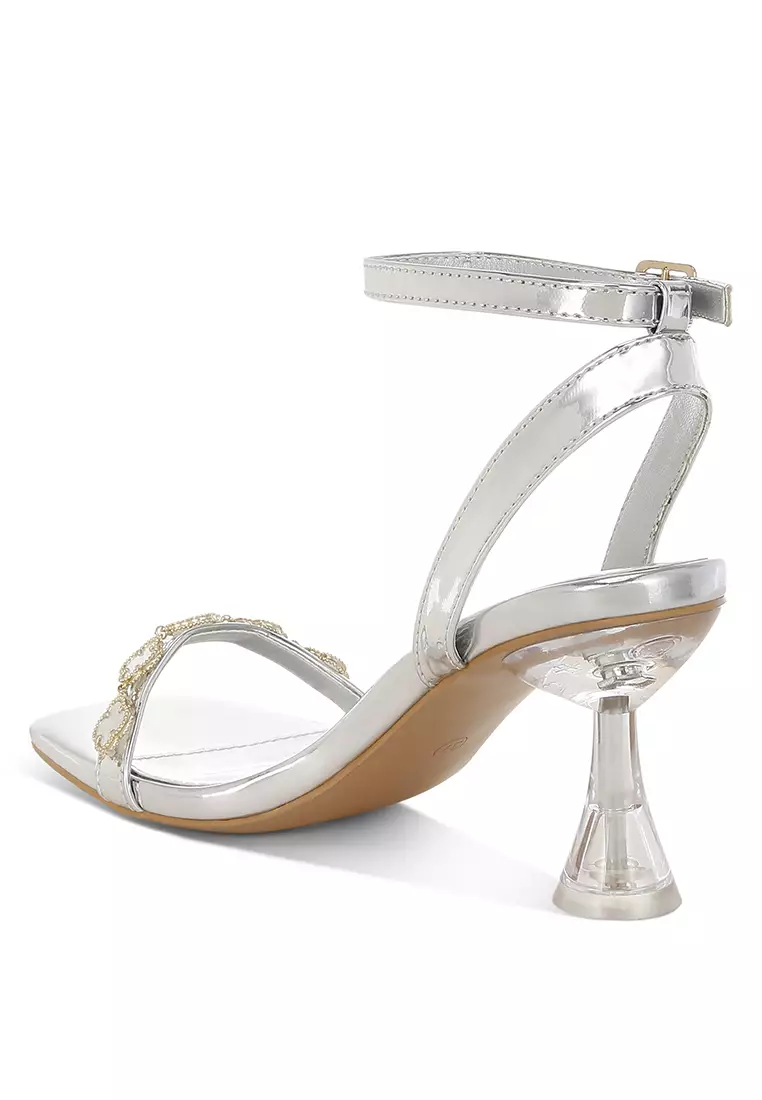 Charm Detail Spool Heels In Silver
